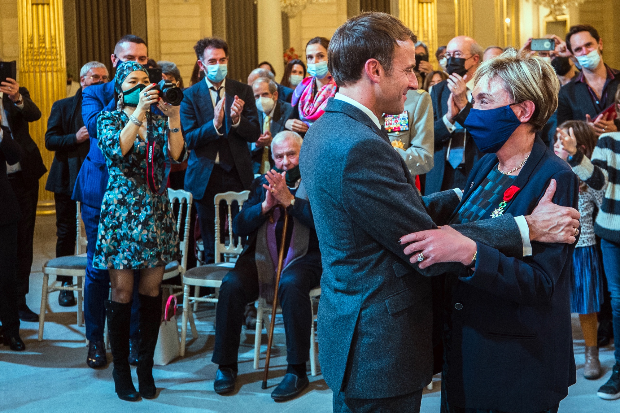 Philippe Sollers, Julia Kristeva, Emmanuel Macron, Sophie Zhang, Georgi K Galabov, C&eacute;r&eacute;monie Grand Officier de la L&eacute;gion d'honneur